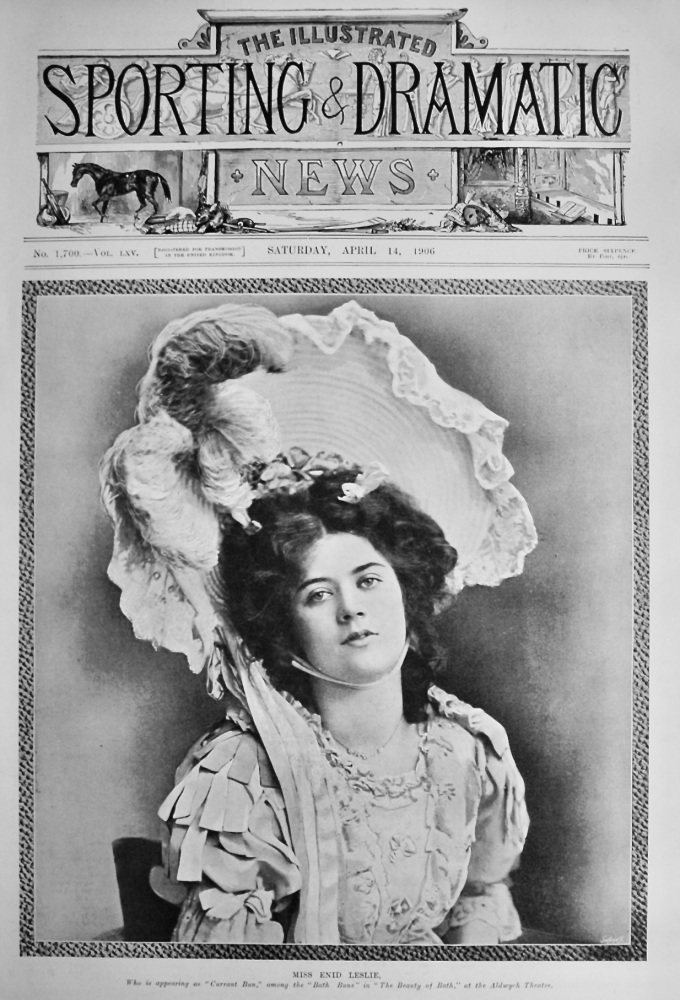 Miss Enid Leslie, who is appearing as "Current Bun," among the "Bath Buns" in "The Beauty of Bath," at the Aldwych Theatre.  1906.