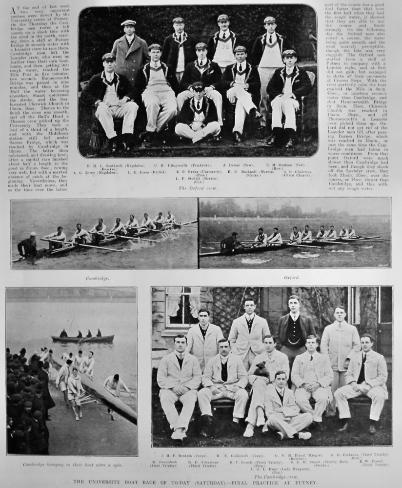 The University Boat Race of To-day (Saturday).- Final Practice at Putney.  1906.