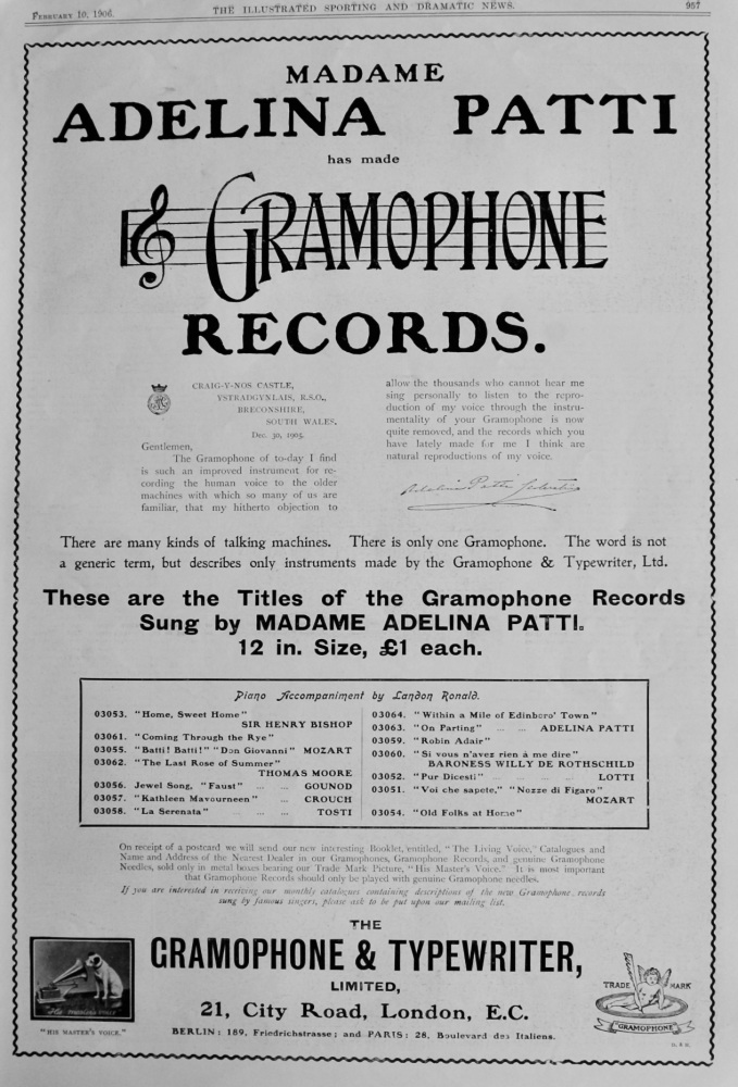 The Gramophone & Typewriter, Limited.  (Madame Adelina Patti).  1906.