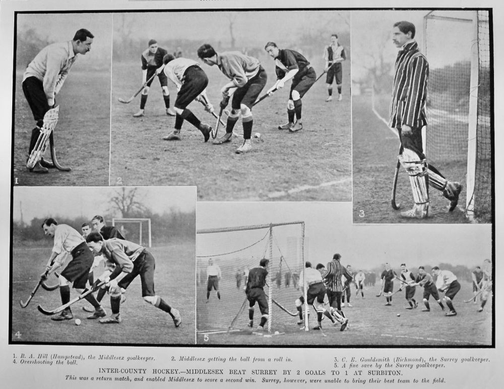 Inter-County Hockey.- Middlesex Beat Surrey by 2 Goals to 1 at Surbiton.  1906.