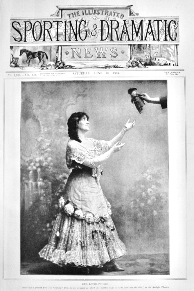 Miss Louie Pounds. Receiving a present from the "Sammy" Box, to the occupant of which she nightly sings in "The Earl and the Girl," at the Adelphi The
