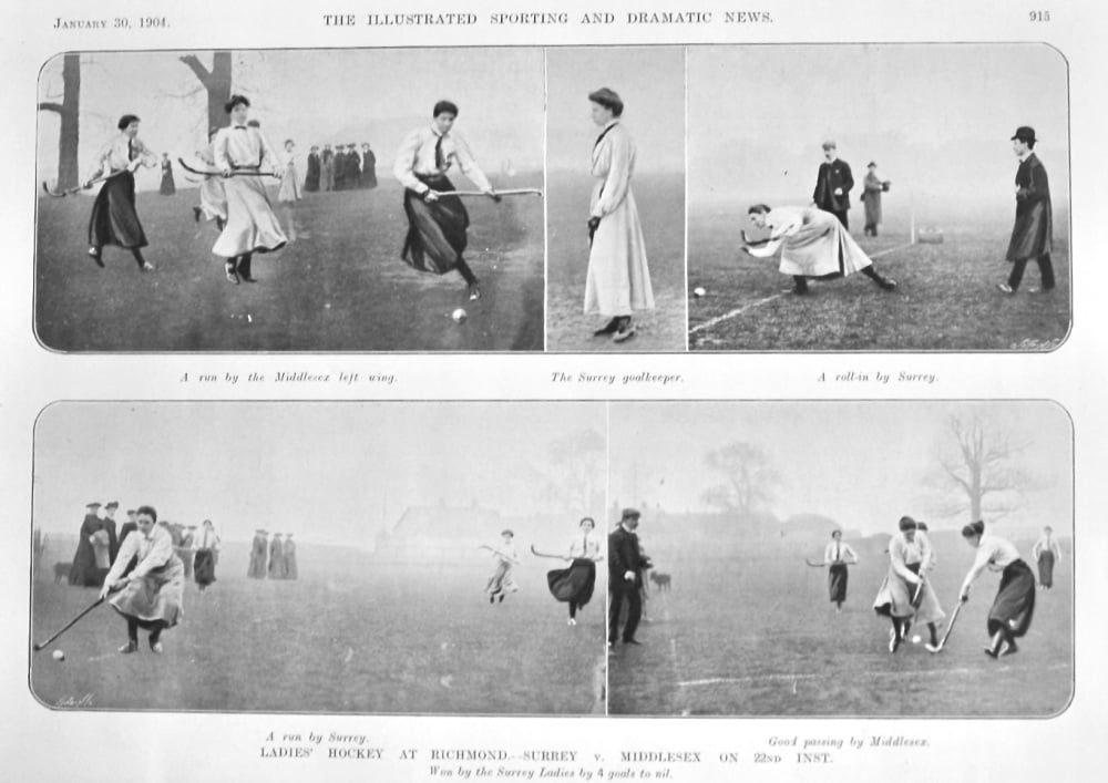 Ladies' Hockey at Richmond.- Surrey v. Middlesex on 22nd inst.  1904.
