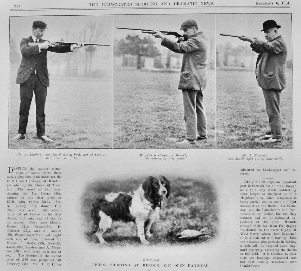 Pigeon Shooting at Hendon.- £120 Open Handicap.  1904.