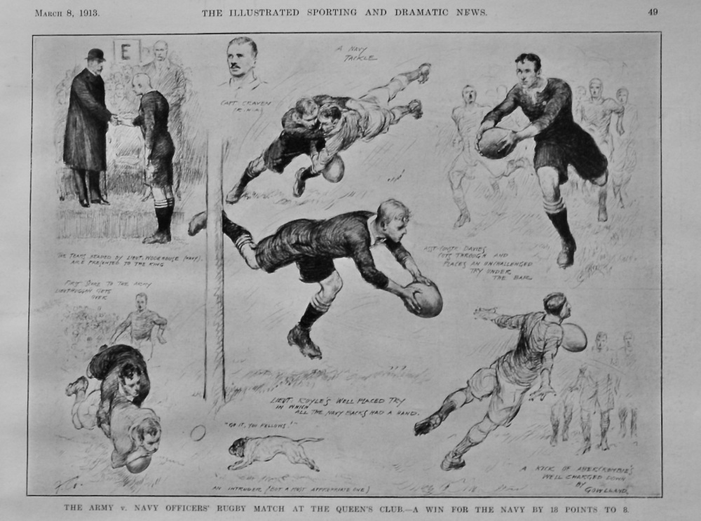 The Army v. Navy Officers' Rugby Match at the Queen's Club.- A Win for the Navy by 18 Points to 8.  1913.