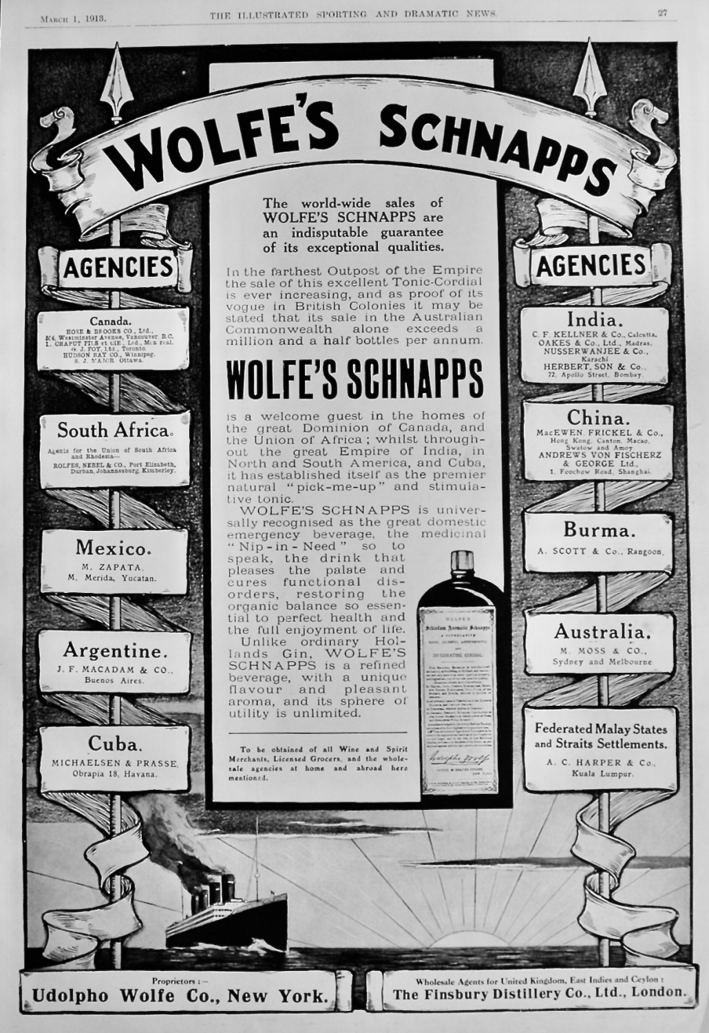 Wolfe's Schnapps. 1913.