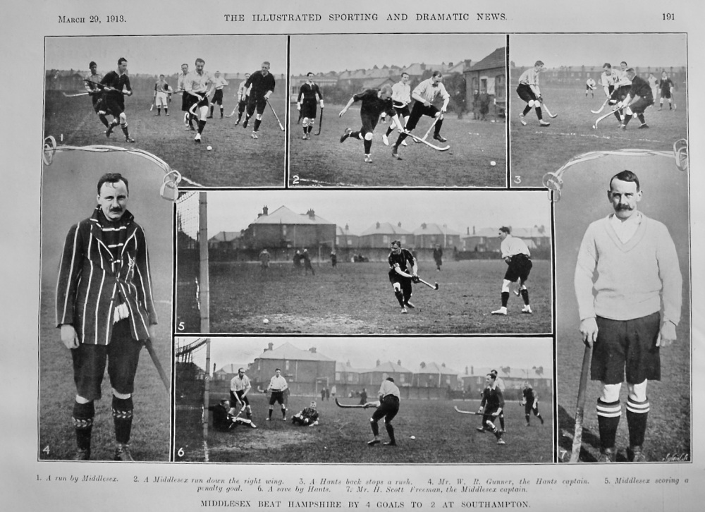 Middlesex beat Hampshire by 4 Goals to 2 at Southampton.  1913. (Hockey)