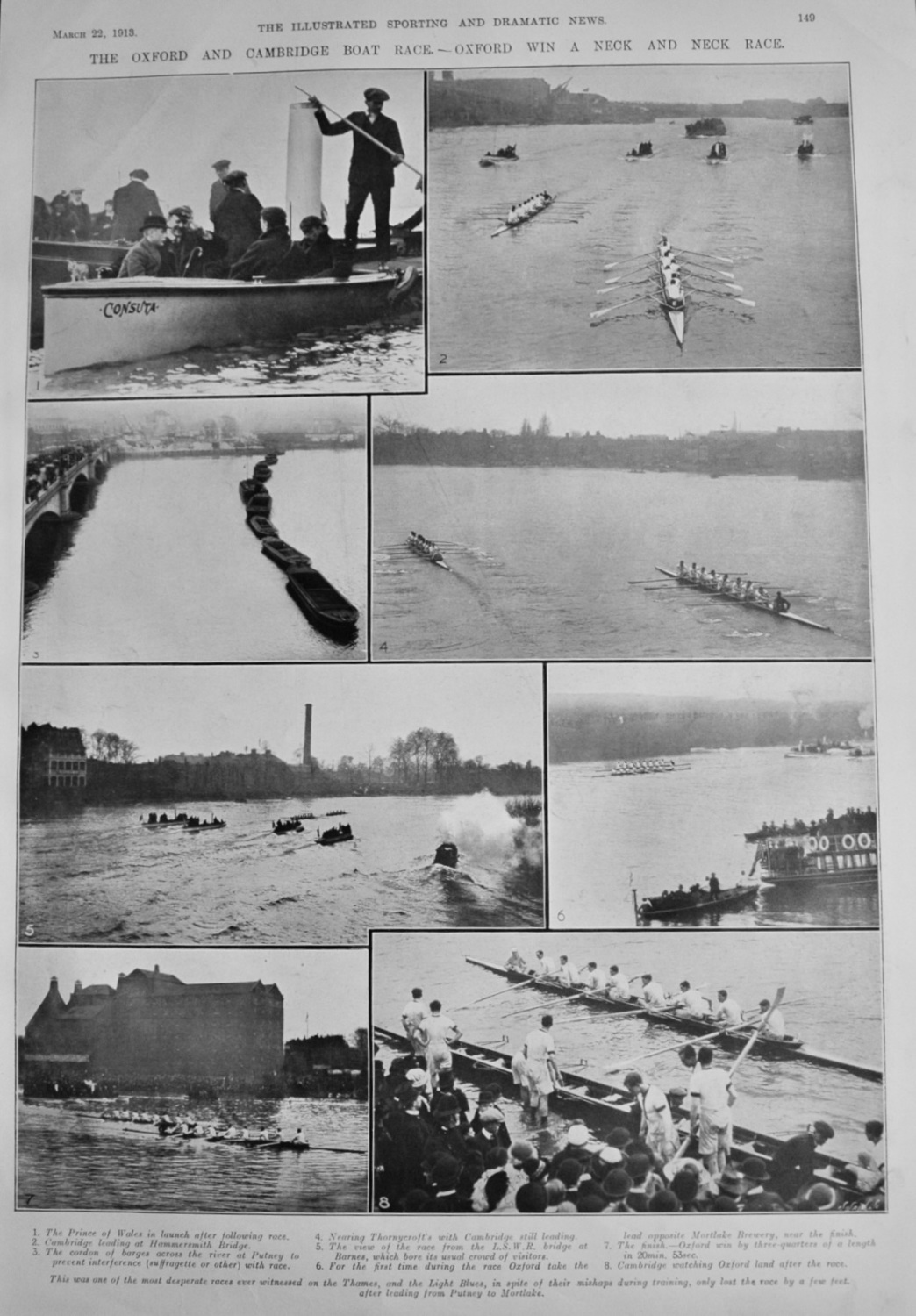 The Oxford and Cambridge Boat Race.- Oxford win a Neck and Neck Race.  1913