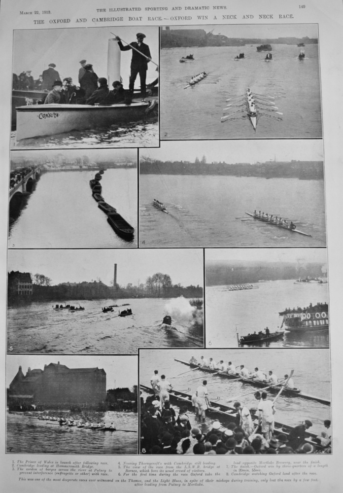 The Oxford and Cambridge Boat Race.- Oxford win a Neck and Neck Race.  1913.