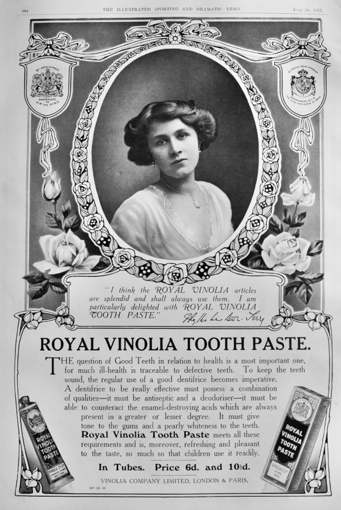 Royal Vinolia Tooth Paste.  1913.