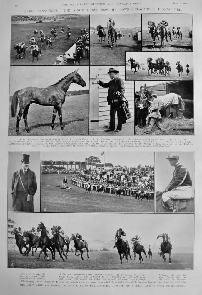Epsom Sensations.- The King's Horse Brought Down  -  Craganour Disqualified.  1913.
