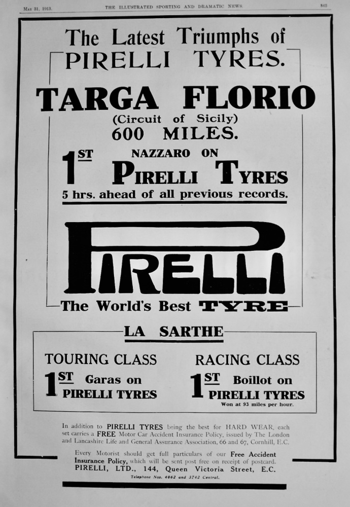 Pirelli Tyres.  1913.