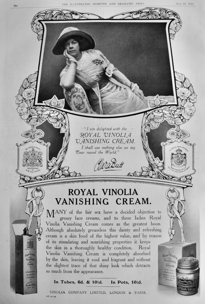 Royal Vinolia Vanishing Cream.  1913.