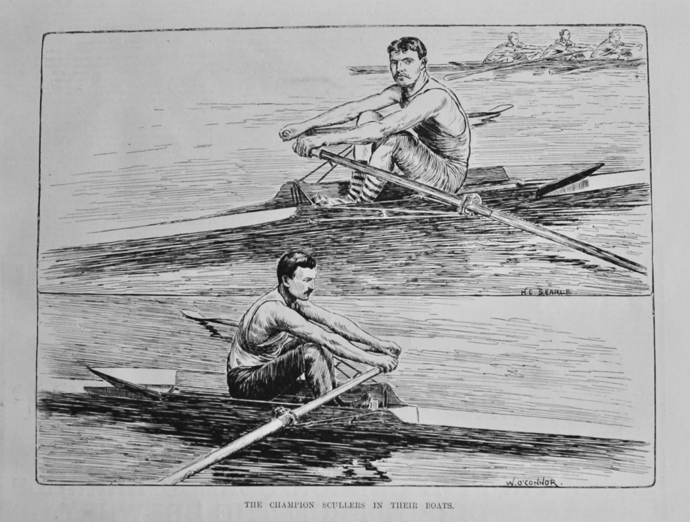 The Champion Scullers in their Boats.  1889.