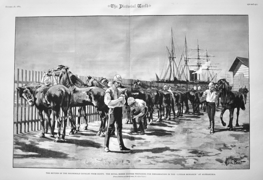 The Return of the Household Cavalry from Egypt.  The Royal Horse Guards Preparing for Embarkation in the "Lydian Monarch" at Alexandria.  1882.
