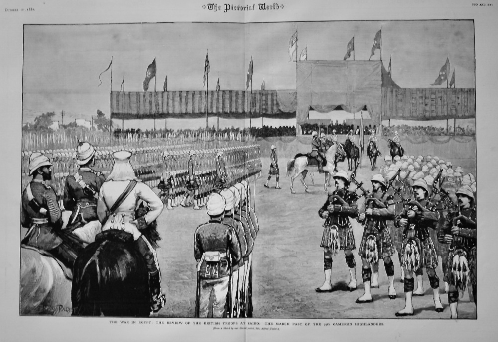 The War in Egypt :  The Review of the British Troops at Cairo.  The March Past of the 79th Cameron Highlanders.  1882.