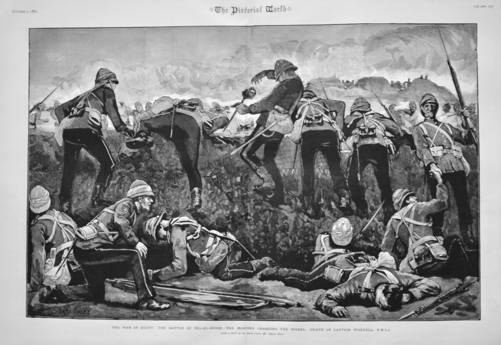 The War in Egypt :  The Battle of Tel-El-Kebir.- The Marines Charging the Works.  Death of Captain Wardell, R.M.L.I.  1882.