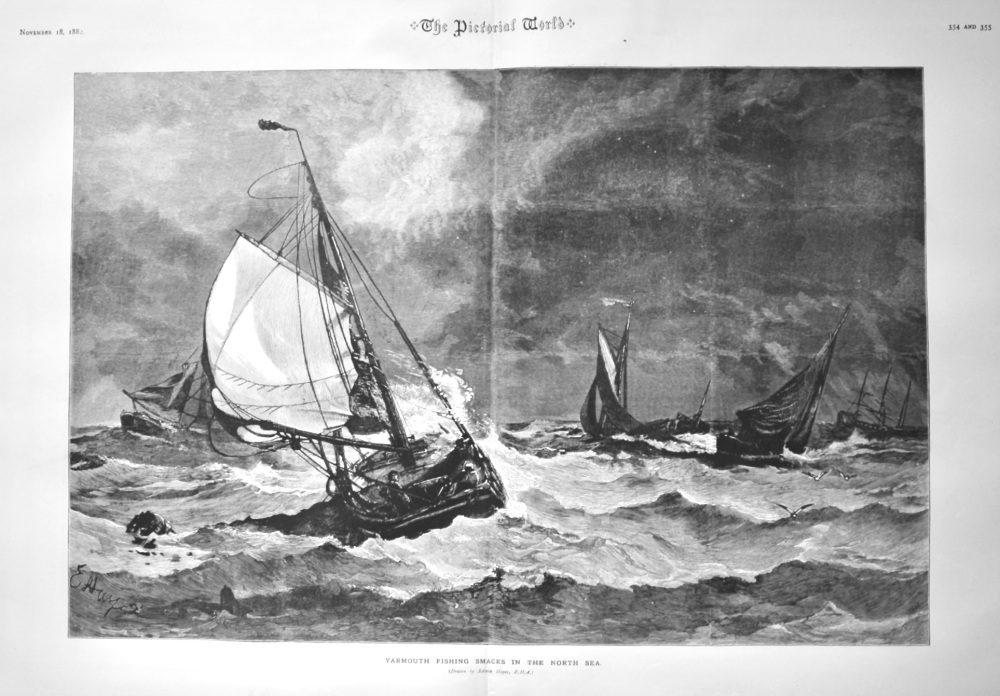 Yarmouth Fishing Smacks in the North Sea.  1882.