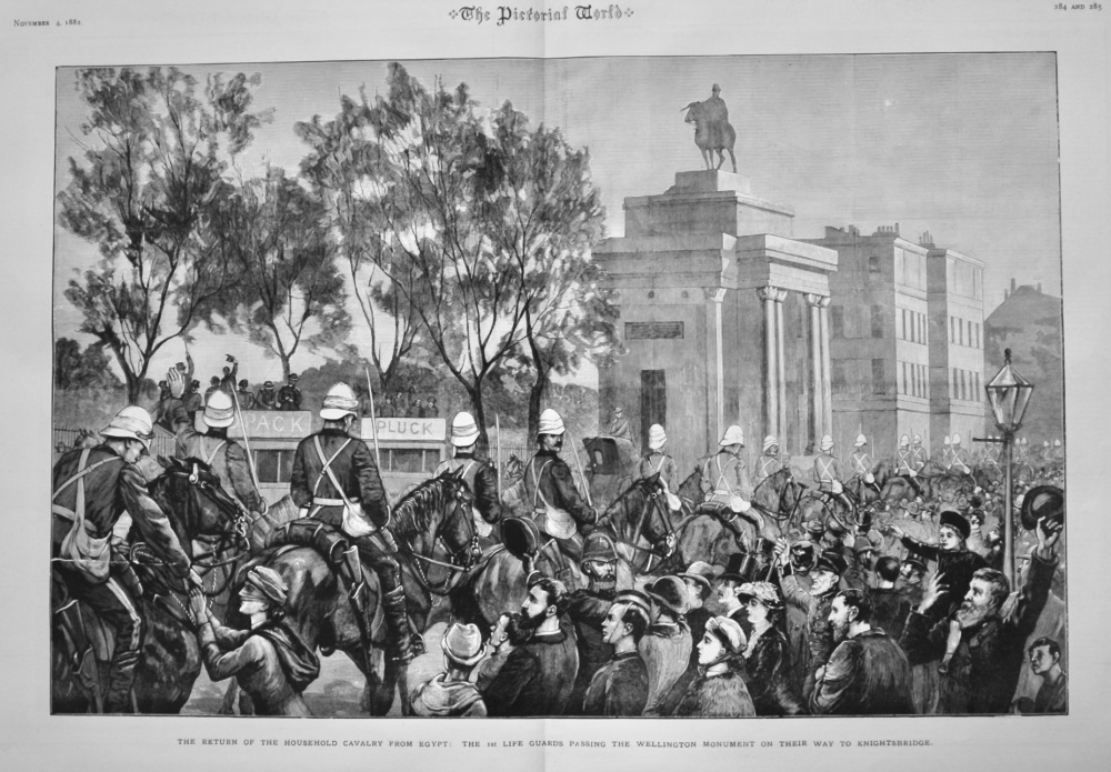 The Return of the Household Cavalry from Egypt :  The 1st Life Guards Passing the Wellington Monument on their way to Knightsbridge.  1882.