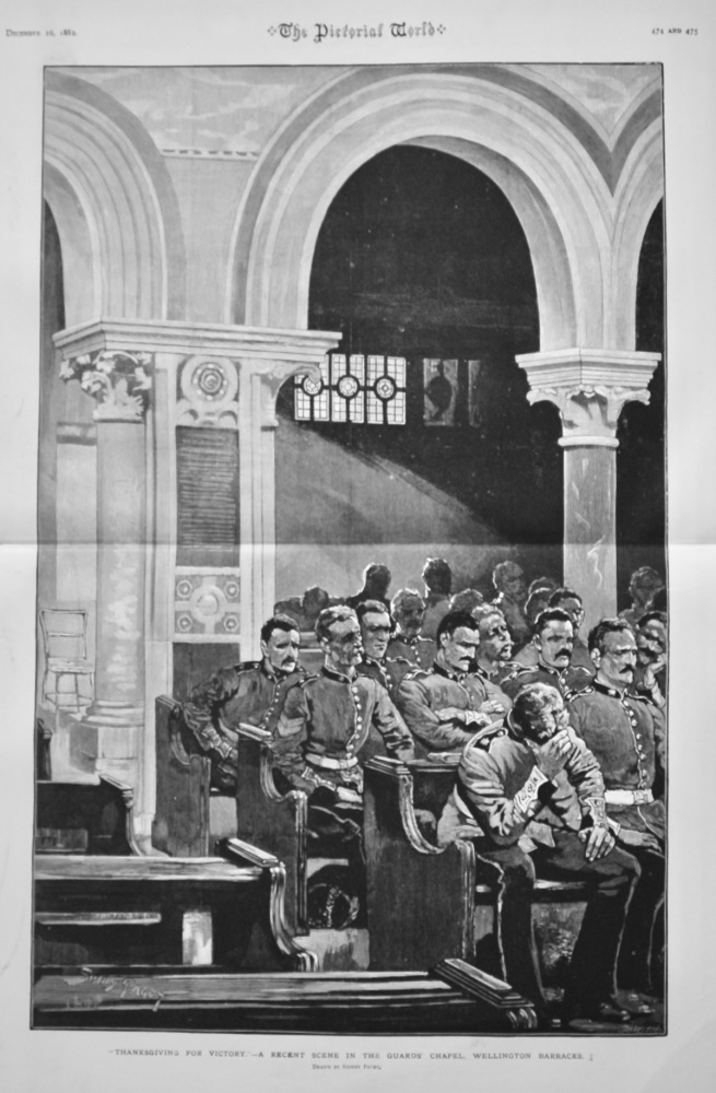 "Thanksgiving for Victory."- A Recent Scene in the Guards' Chapel, Wellington Barracks.  1882.