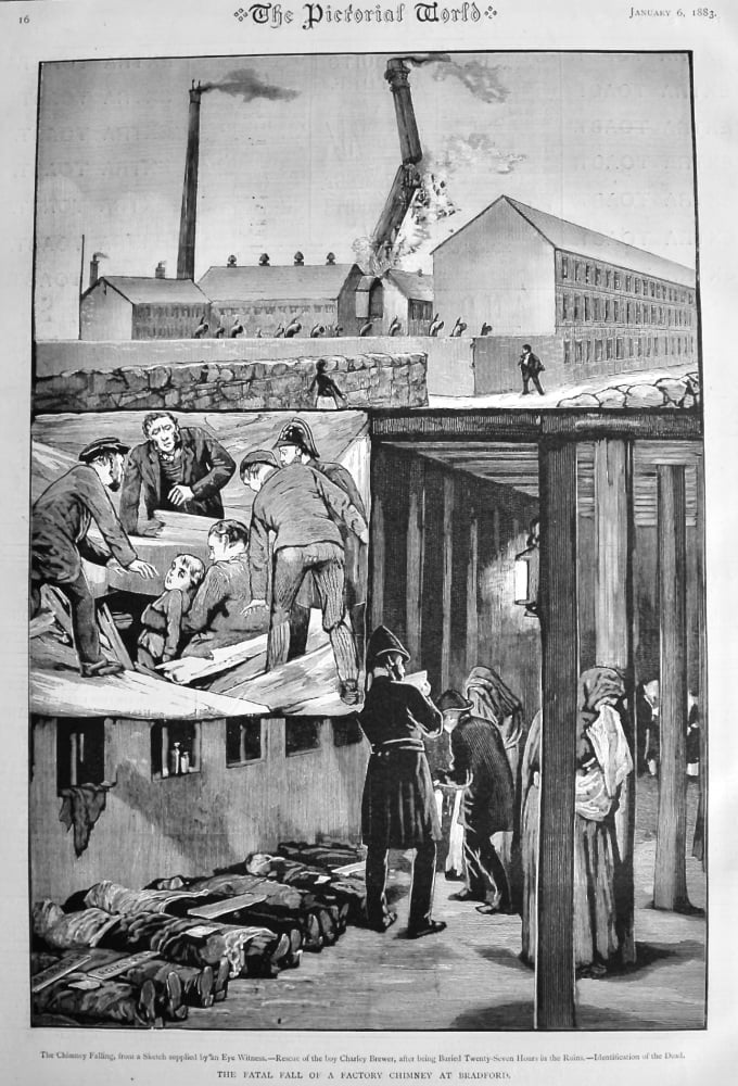 The Fatal Fall of a Factory Chimney at Bradford.  1883.