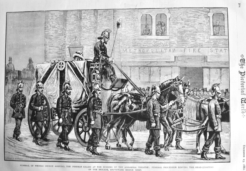 Funeral of Thomas George Ashford, the Fireman Killed at the Burning of the Alhambra Theatre : Funeral Procession leaving the Head-Quarters of the Brig