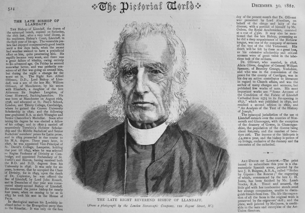 The Late Right Reverend Bishop of Llandaff.  1882.