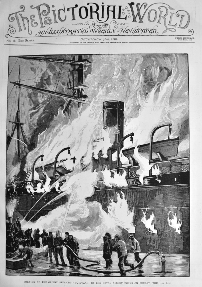 Burning of the Orient Steamer "Cotopaxi in the Royal Albert Docks on Sunday, the 17th Inst.  1882.