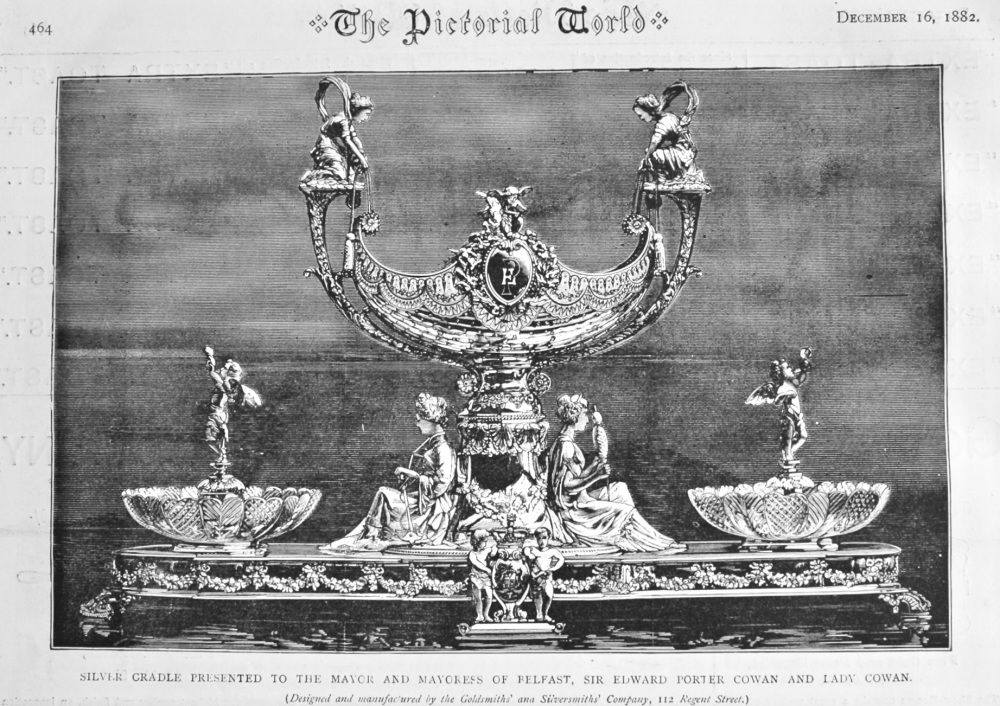Silver Cradle Presented to the Mayor and Mayoress of Belfast, Sir Edward Porter Cowan and Lady Cowan.  1882.