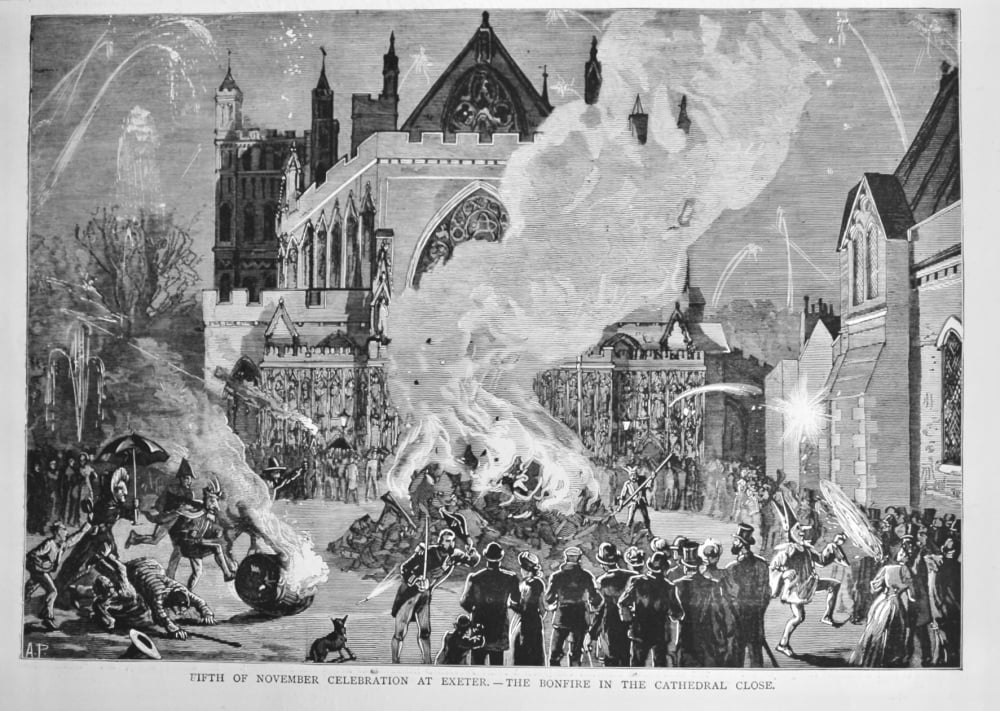 Fifth of November Celebration at Exeter.- The Bonfire in the Cathedral Close.  1882.