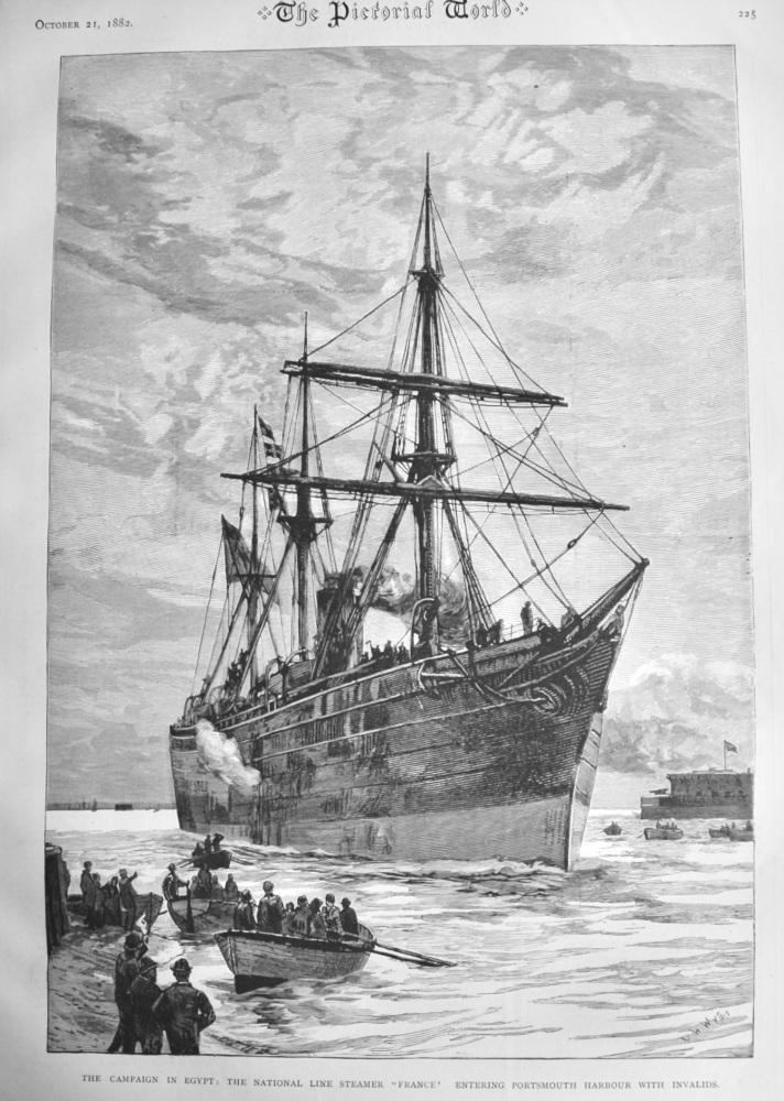 The Campaign in Egypt :  The National Line Steamer "France'  Entering Portsmouth Harbour with Invalids.  1882.