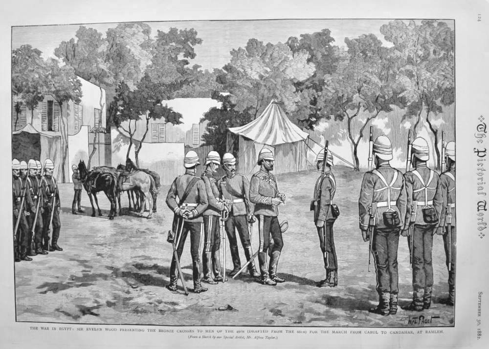 The War in Egypt :  Sir Evelyn Wood Presenting the Bronze Crosses to Men of the 49th (Drafted from the 66th) for the March from Cabul to Candahar, at 