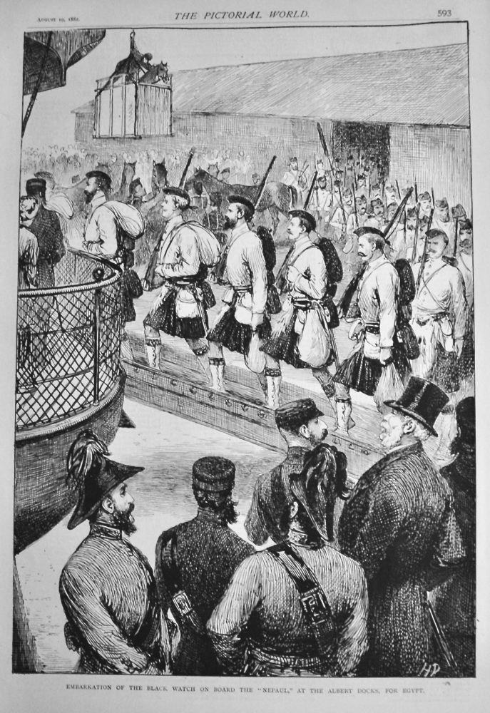 Embarkation of the Black Watch on Board the "Nepal," at the Albert Docks, for Egypt.  1882.