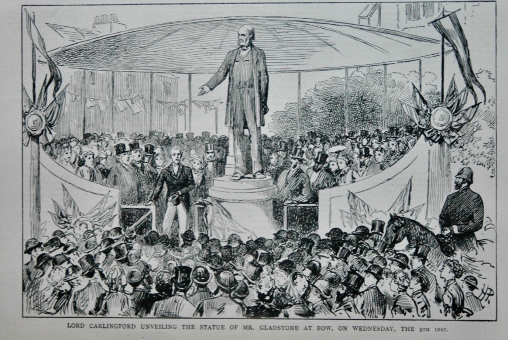 Lord Carlingford Unveiling the Statue of Mr. Gladstone at Bow, on Wednesday, the 9th inst.  1882.