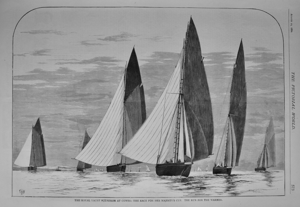 The Royal Yacht Squadron at Cowes :  The Race for Her Majesty's Cup.  The Run for the Warner.  1882.