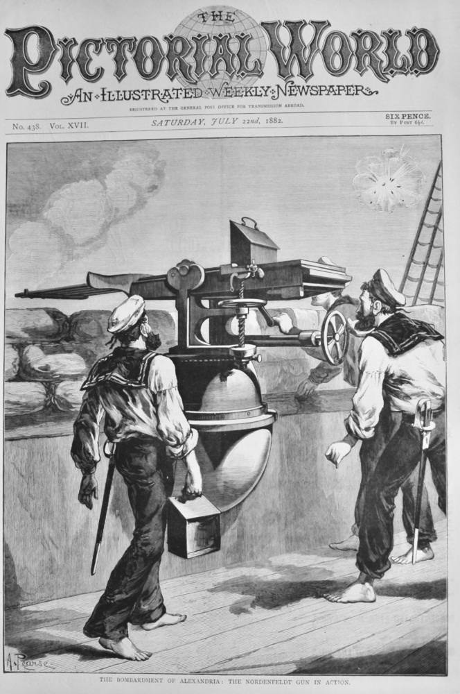 The Bombardment of Alexandria :  The Nordenfeldt Gun in Action.  1882.