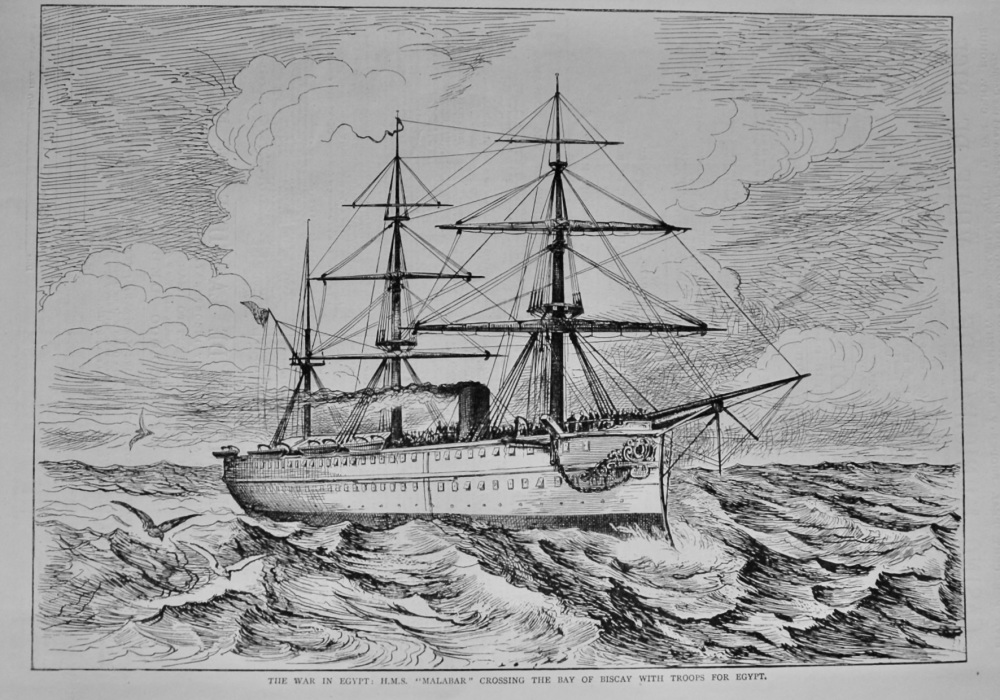 The War in Egypt :  H.M.S. "Malabar" Crossing the Bay of Biscay with Troops for Egypt.  1882.