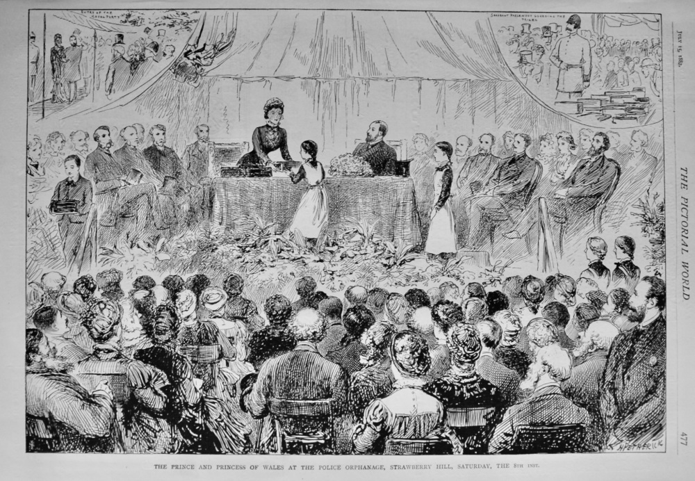 The Prince and Princess of Wales at the Police Orphanage, Strawberry Hill, Saturday, the 8th inst. July  1882.