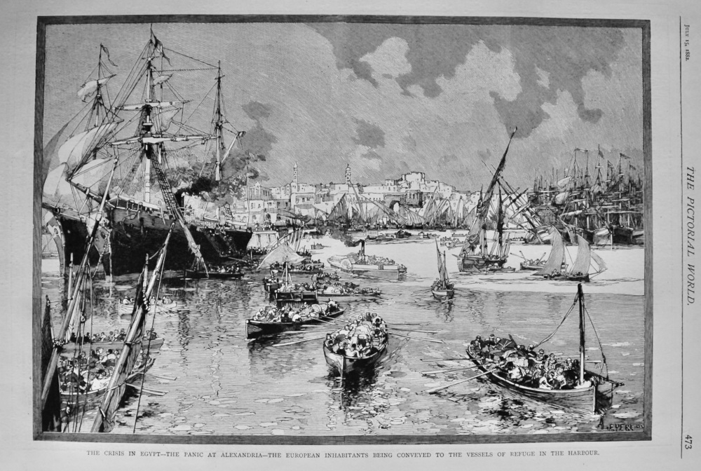 The Crisis in Egypt- The Panic at Alexandria-The European Inhabitants being conveyed to the Vessels of Refuge in the Harbour.  1882.