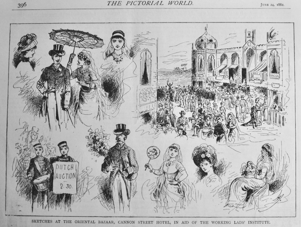 Sketches at the Oriental Bazaar, Cannon Street Hotel, in Aid of the Working Lads' Institute.  1882.