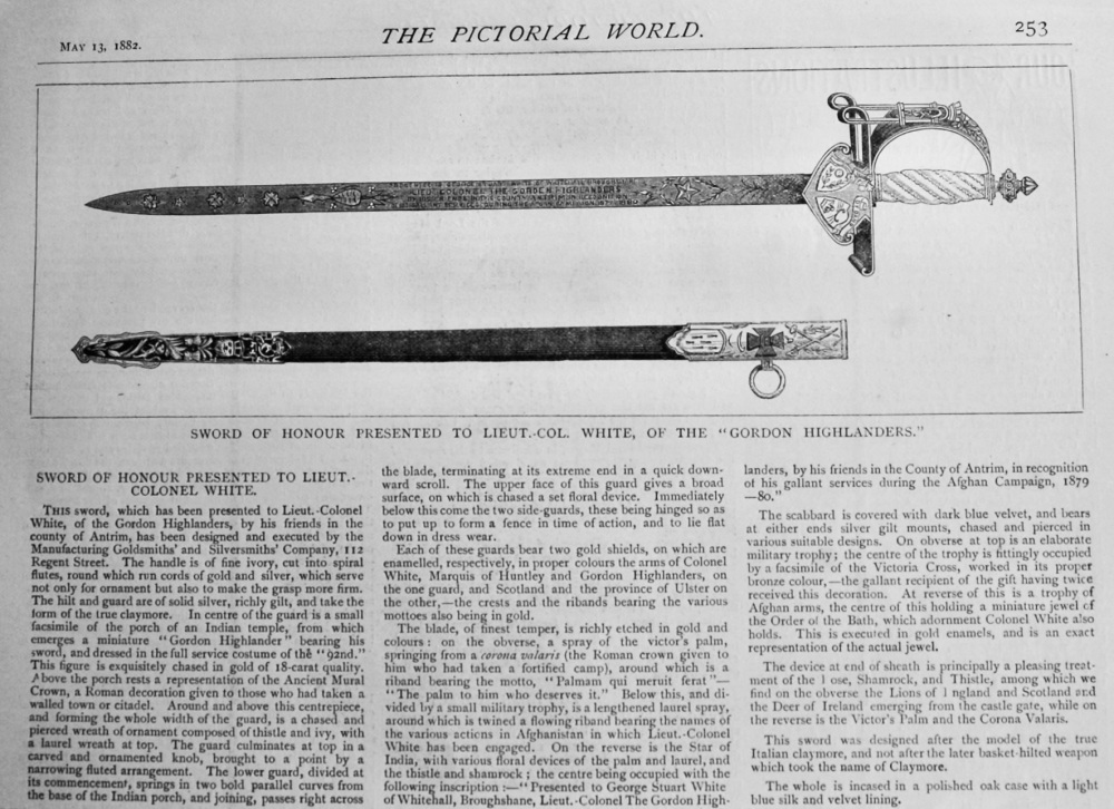 Sword of Honour Presented to Lieut.-Col. White, of the "Gordon Highlanders."  1882.