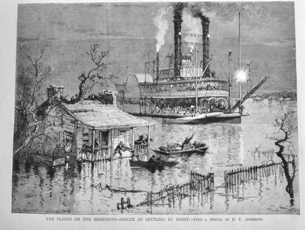 The Floods on the Mississippi - Rescue of Settlers by Night.  1882.