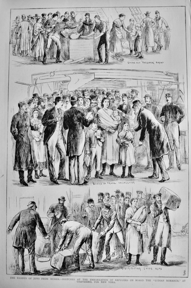 The Exodus of Jews from Russia.- Sketches at the Embarkation of Refugees on Board the "Lydian Monarch," at Gravesend, for New York.  1882.