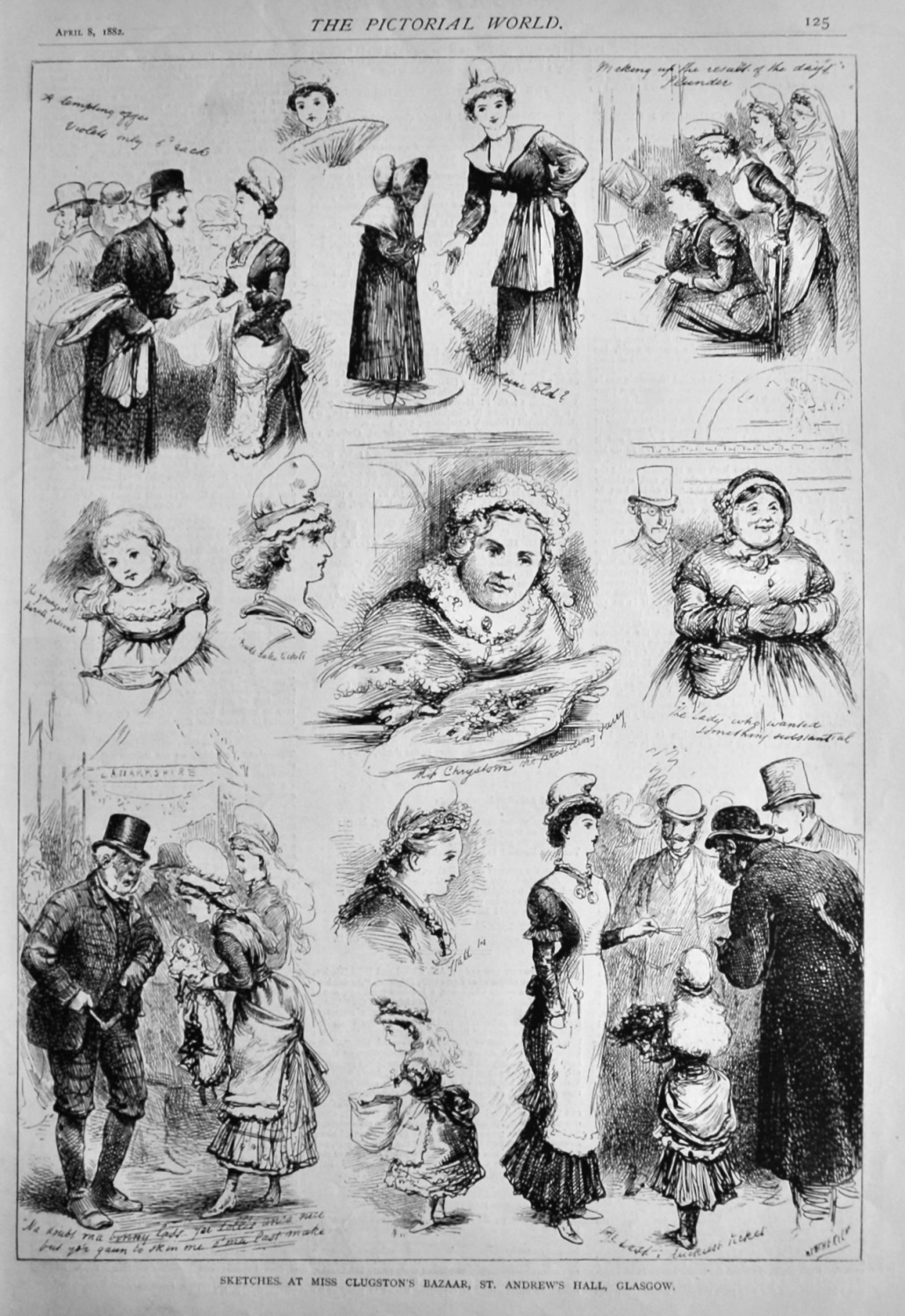 Sketches at Miss Clugston's Bazaar, St. Andrew's Hall, Glasgow.  1882.