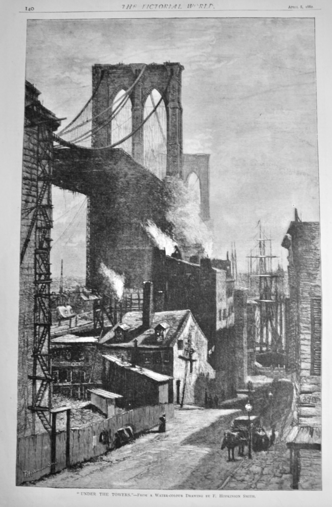 "Under The Towers."  (The Massive Towers of Brooklyn Bridge). 1882.