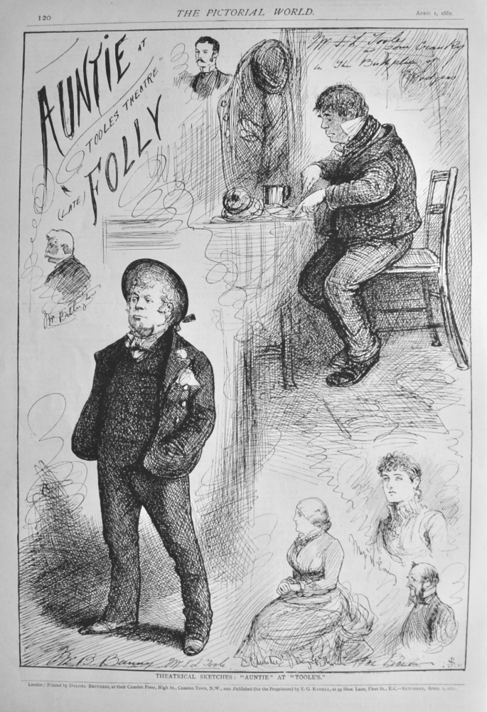 Theatrical Sketches :  "Auntie" at Toole's."  1882. (Late Folly).