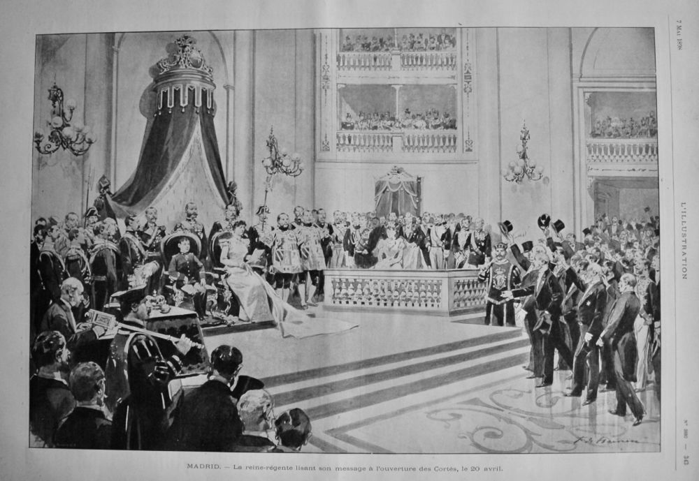 Madrid.- La reine-regente lisant son message a L'ouverture des Cortes, le 20 avril.  1898.