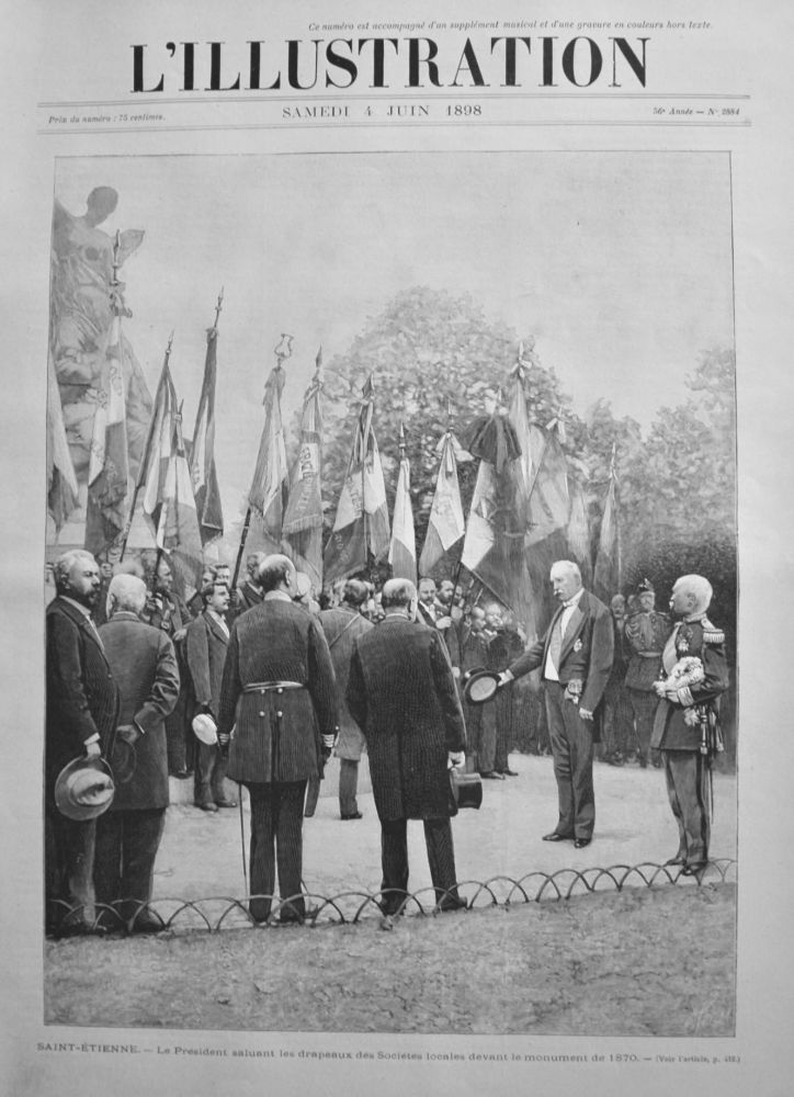 Saint Etienne.- Le President saluant les drapeaux des Societes locales devant le monument de 1870.