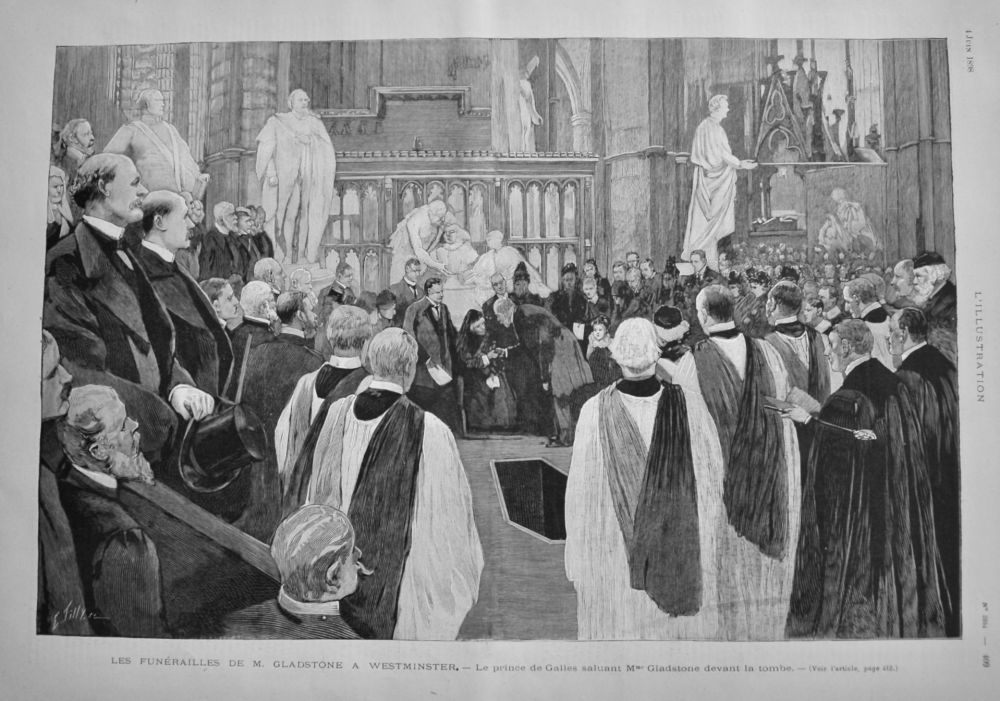 Les Funerailles de M. Gladstone a Westminster.- Le prince de Galles saluant Mme Gladstone devant la tombe.