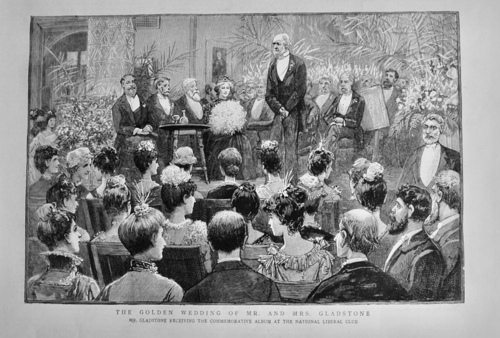 The Golden Wedding of Mr. and Mrs. Gladstone :  Mr. Gladstone receiving the commemorative Album at the National Liberal Club.  1889.