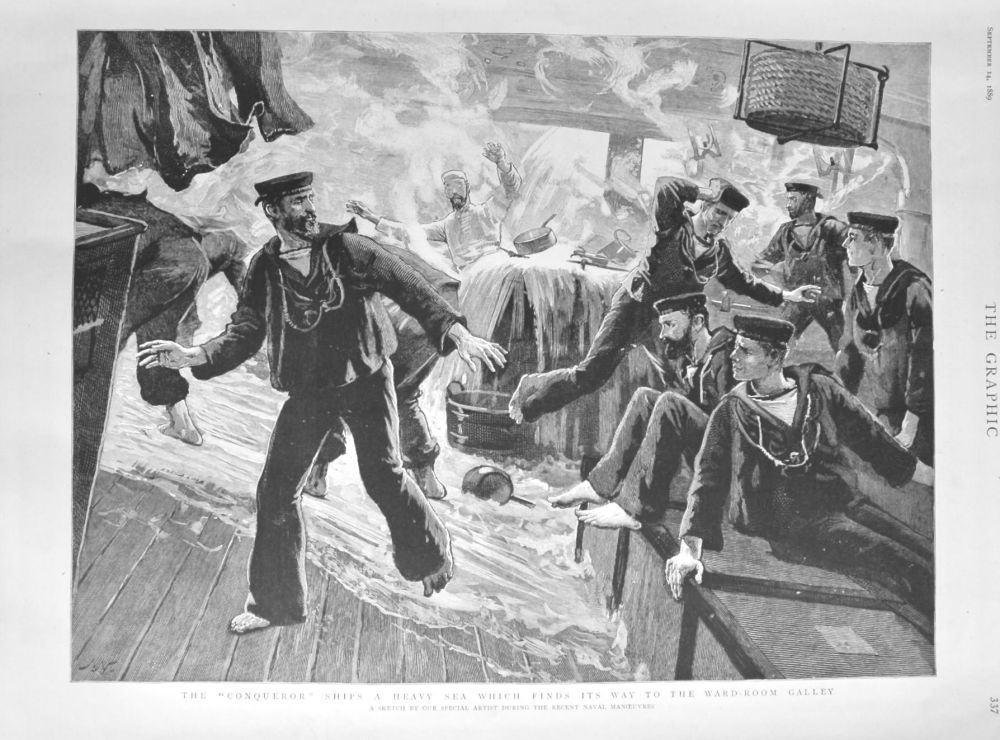 The "Conqueror" Ships a Heavy Sea which finds its way to the Ward-Room Galley.  1889.
